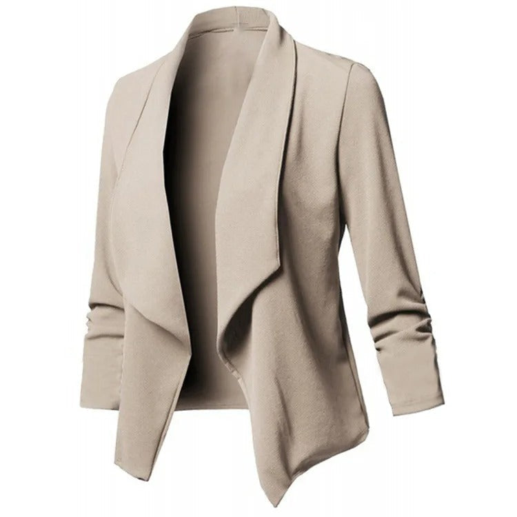 Tidløs åpen blazer i mykt stoff, ideell for arbeid og fritid.