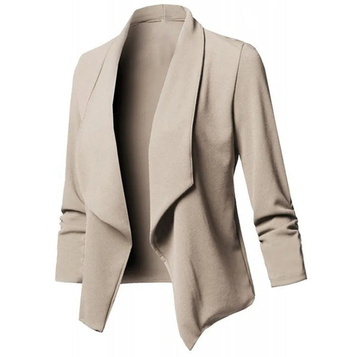 Tidløs åpen blazer i mykt stoff, ideell for arbeid og fritid.