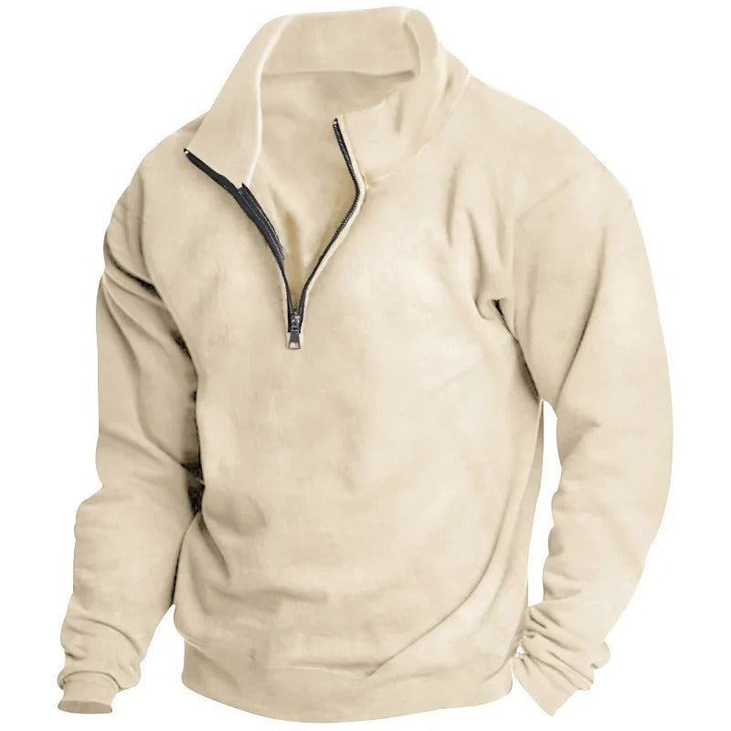 Detaljbilde av myk menns sweatshirt med halv glidelås og ståkrage. Kvalitets herregenser.