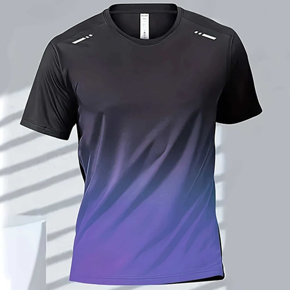 Pustende menns t-skjorte med gradientmønster, ideell for sport, fritid og aktivitet.