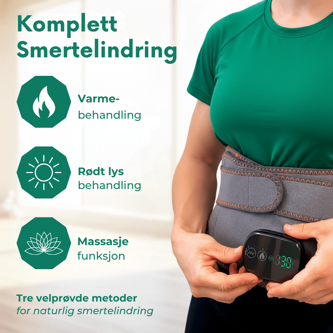 Trådløst ThermaBelt varmebelte med rødlysterapi og vibrasjonsmassasje for komfortabel smertelindring.