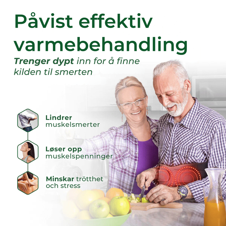 Komfortabelt ThermaBelt varmebelte med rødt lys, vibrasjon. Trådløs smertelindring for rygg- og magesmerter.