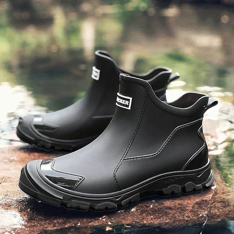 Svarte unisex vanntette ankelstøvler. Komfortable slip-on regnstøvler for vått vær, utendørs.
