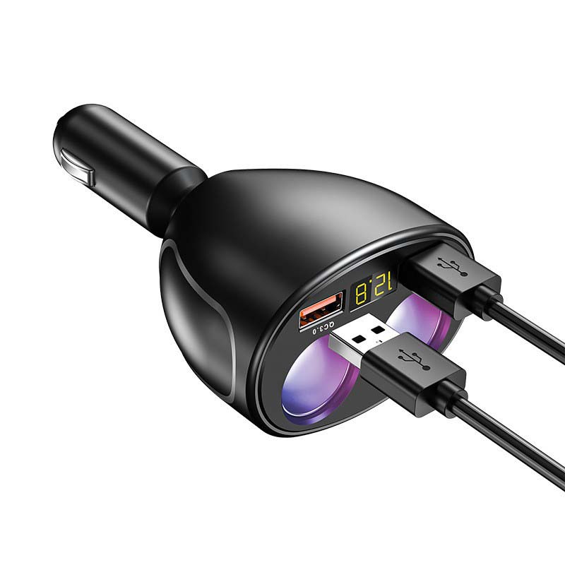 Slank og kompakt billader for sigarettenner. Doble USB-porter, 360° rotasjon og spenningsdisplay.
