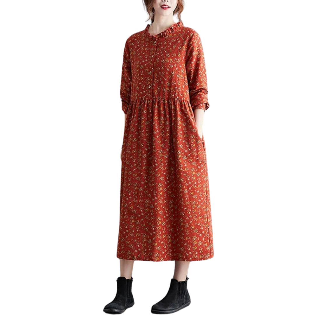Elegant blomstret vår- og sommerkjole med volanger. Langermet vintage damekjole for hverdag.