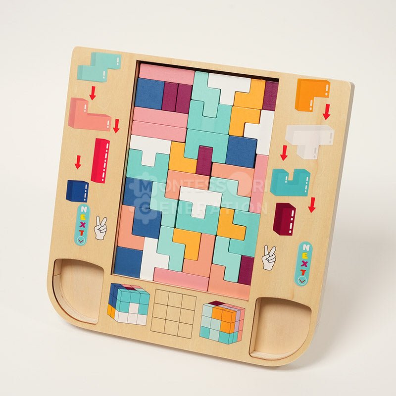 Montessori Tetris trepuslespill for barn, fargerike brikker for pedagogisk læring og motorikkutvikling.