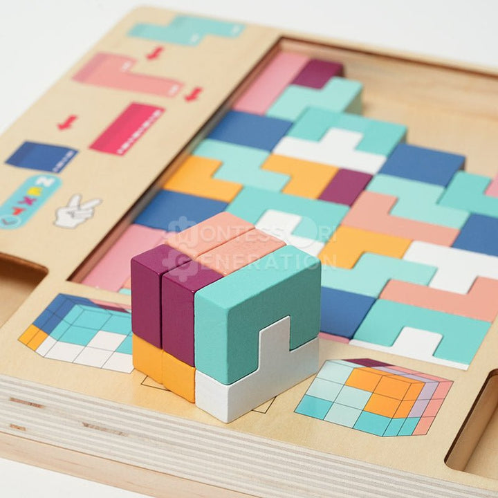 Læreleke i tre: Pedagogisk Tetris puslespill, perfekt for å øve på kognitive ferdigheter hos barn.